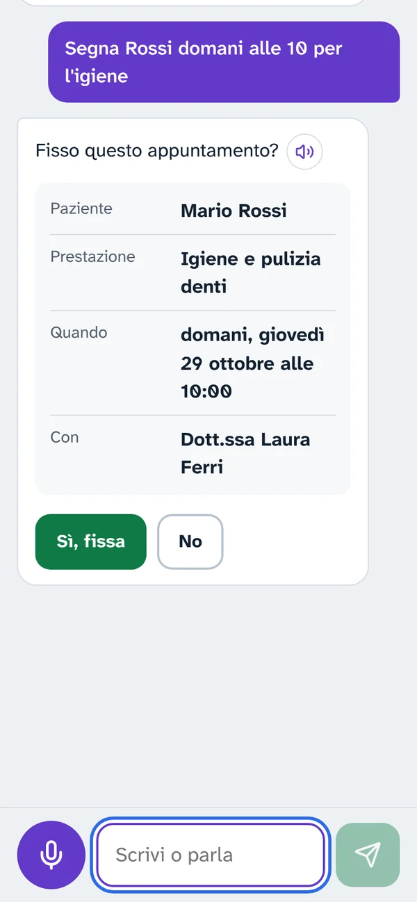 La segretaria dello studio dentistico fissa un'igiene e chiede conferma