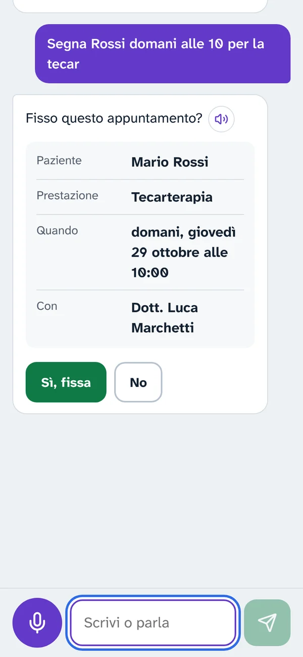 La segretaria dello studio di fisioterapia fissa una seduta di tecar e chiede conferma
