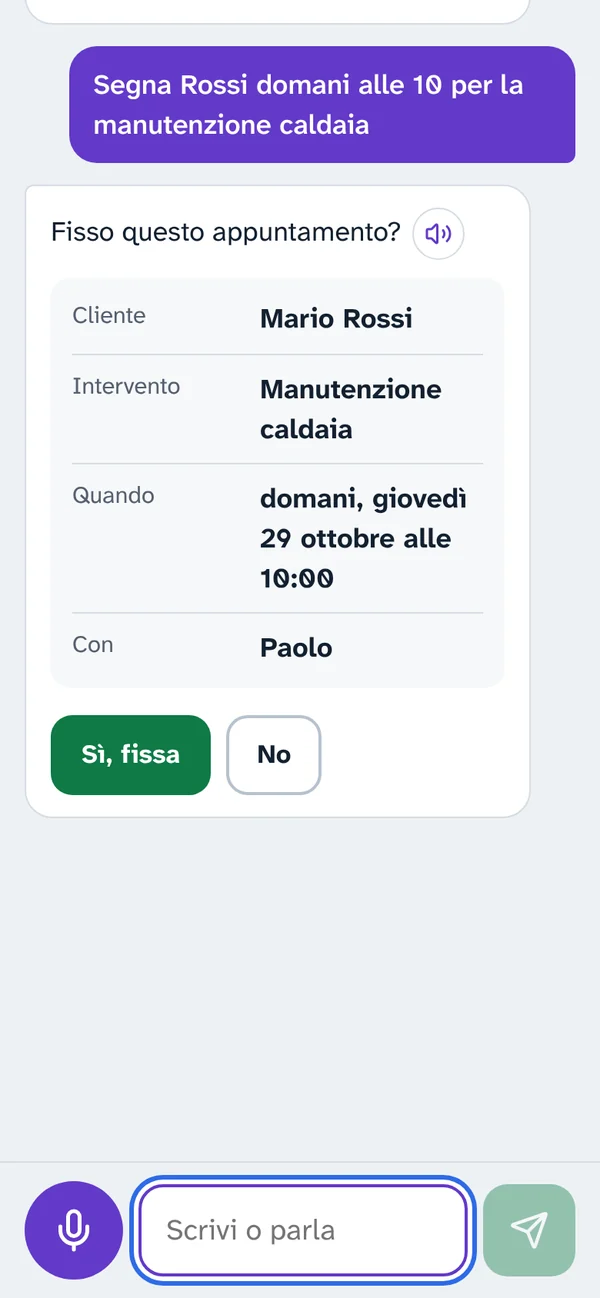 La segretaria dell'impresa fissa una manutenzione caldaia e chiede conferma