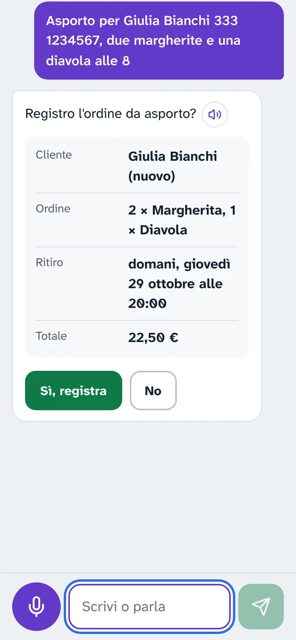 La segretaria della pizzeria registra un ordine da asporto e chiede conferma