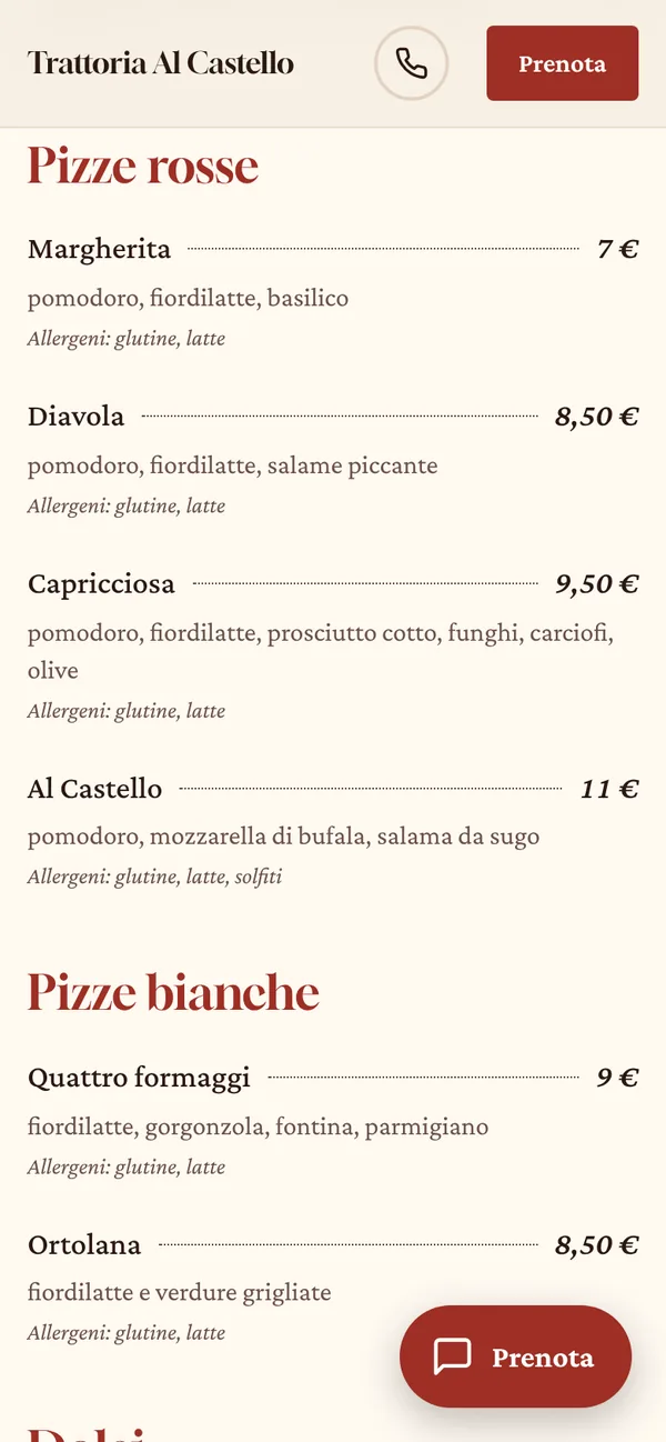 Il menu del ristorante sul telefono, con prezzi, ingredienti e allergeni