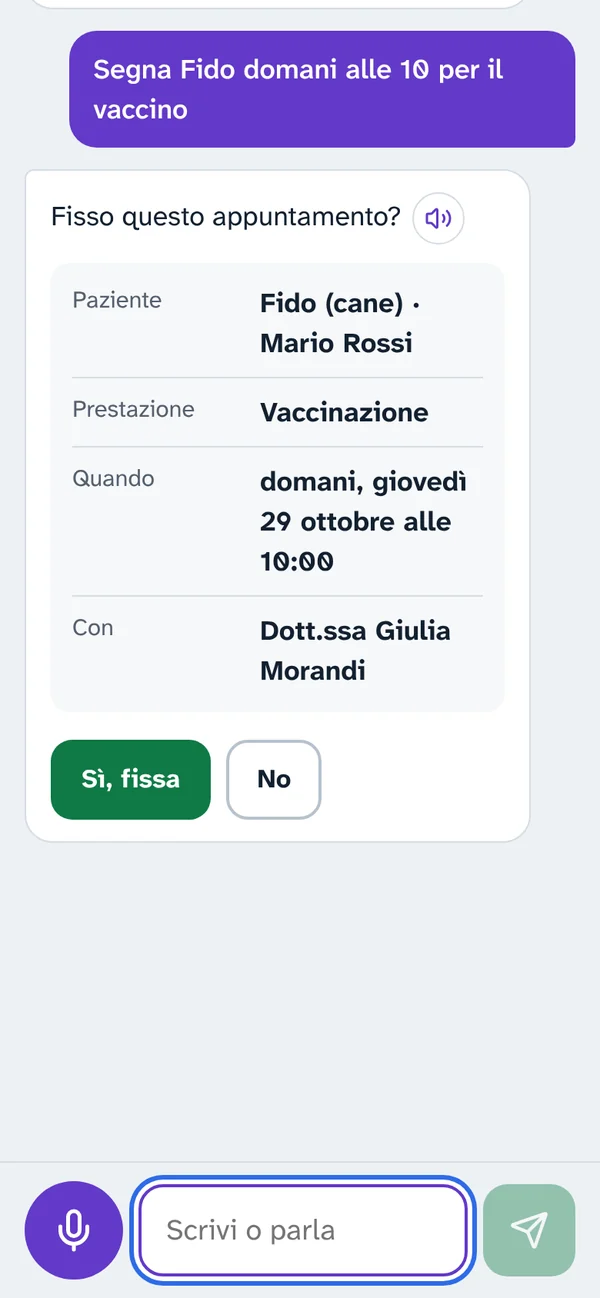 La segretaria dell'ambulatorio veterinario fissa un vaccino e chiede conferma